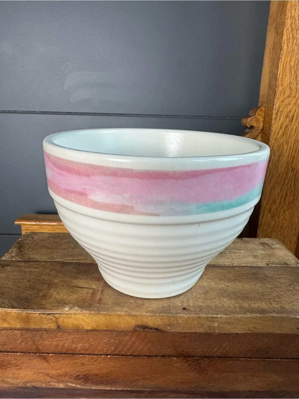 Treasure Craft Mirage Pottery Bowl USA 80's-90's Pastel Pink Teal Blue Airbrush